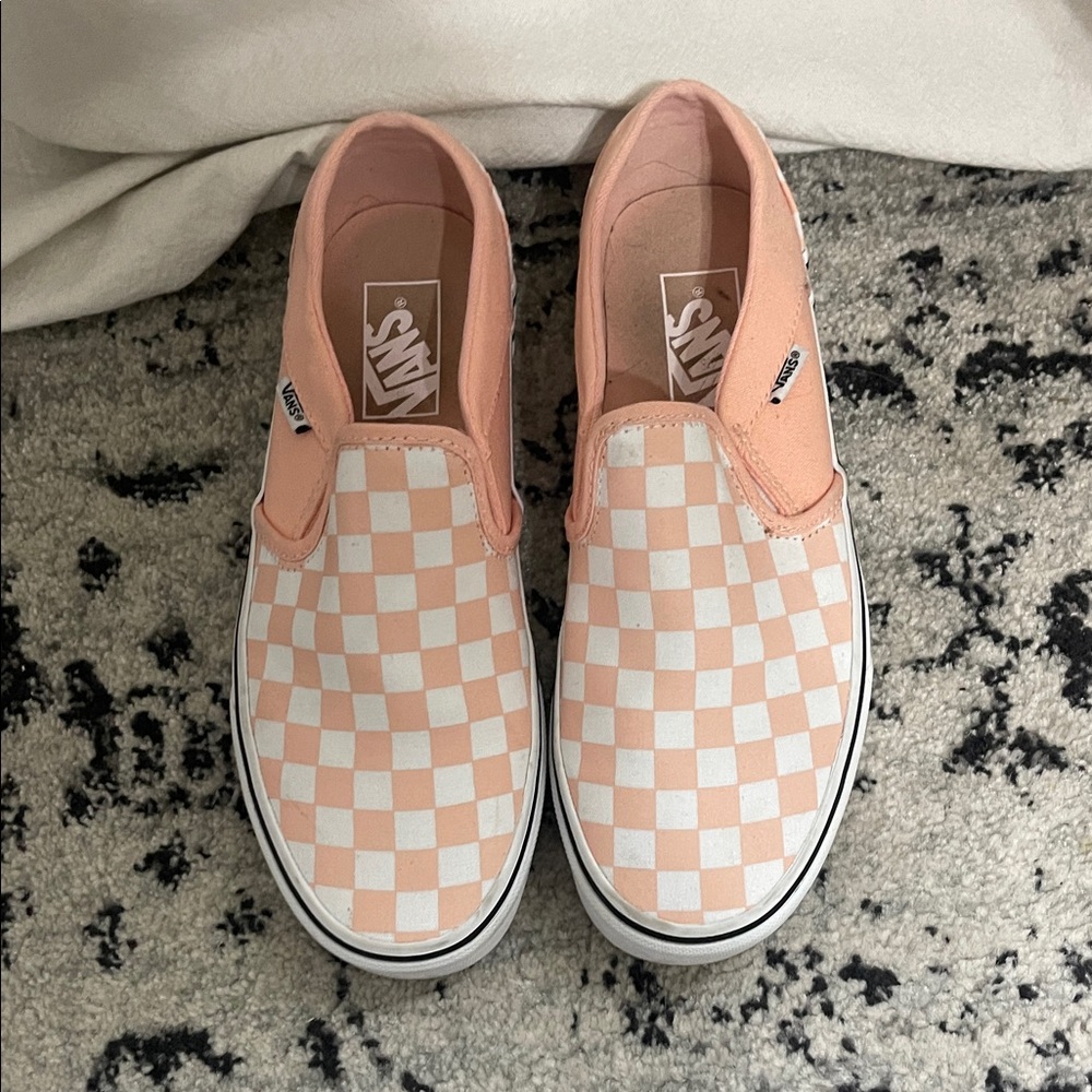 Vans Women’s Peach Checkered Slip-On Sneakers